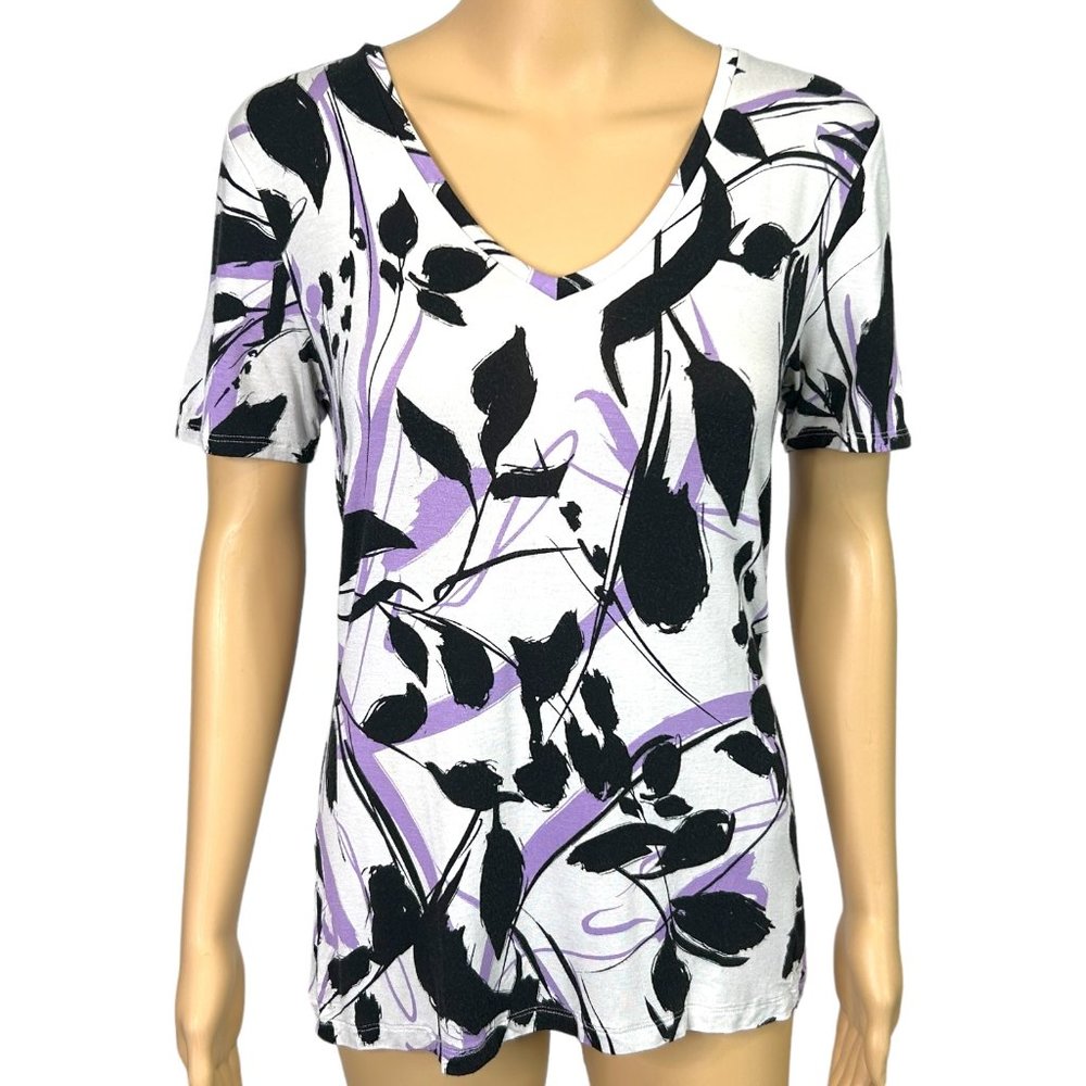 Apt 9 Womens S‎ Purple Black Floral Leaves Short Sleeve Stretch Shirt Blouse
